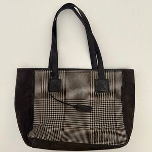 Ralph Lauren Vintage Houndstooth Plaid Tote Brown Suede and Leather